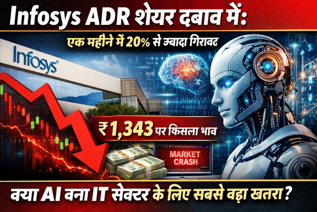 Infosys adr शेयर दबाव में: 1,343 रुपये पर फिसला भाव, एक महीने में 20% से ज्यादा गिरावट — क्या AI बना IT सेक्टर के लिए सबसे बड़ा खतरा?