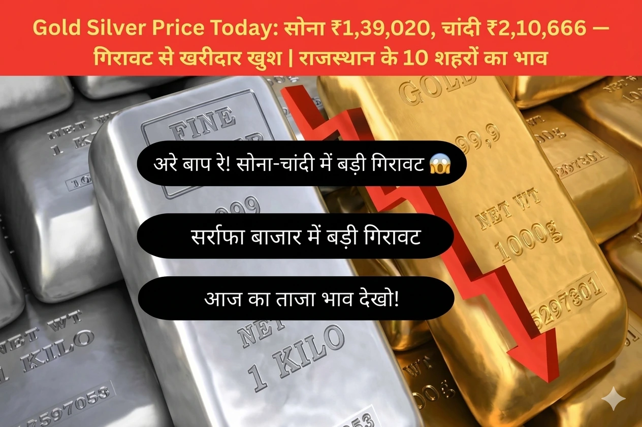 Gold Silver Price Today: सोना ₹1,39,020, चांदी ₹2,10,666 — गिरावट से खरीदार खुश | राजस्थान के 10 शहरों का भाव, बाजार क्यों टूटा? आगे क्या होगा